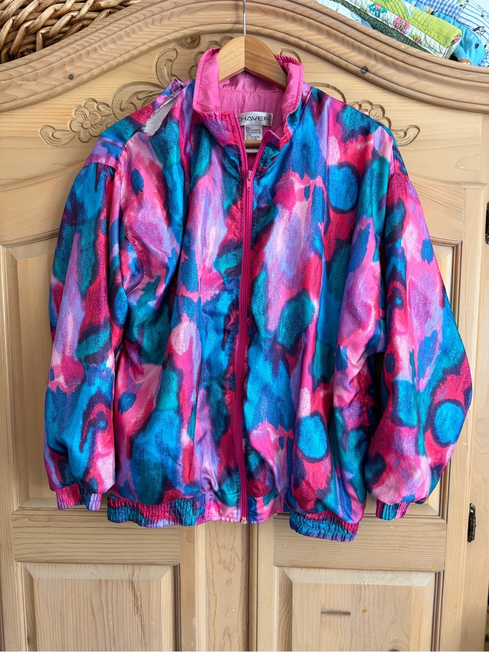Vintage Vibrant Pink & Teal Abstract Windbreaker Jacket